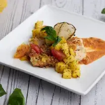 Cinnamon Toast Crusted Chicken with A Spicy Tomato Coconut Sauce and Pineapple Salsa
