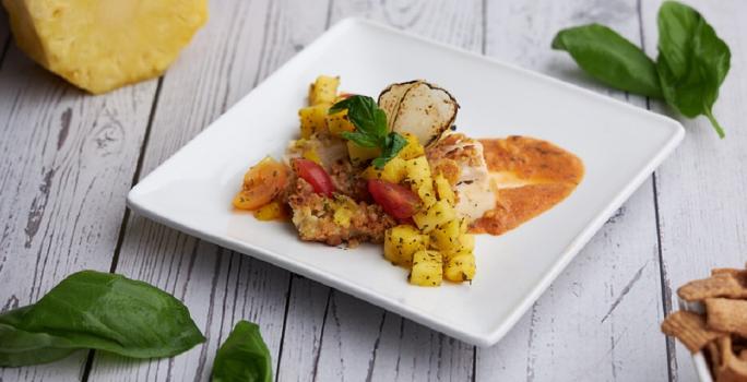 Cinnamon Toast Crusted Chicken with A Spicy Tomato Coconut Sauce and Pineapple Salsa